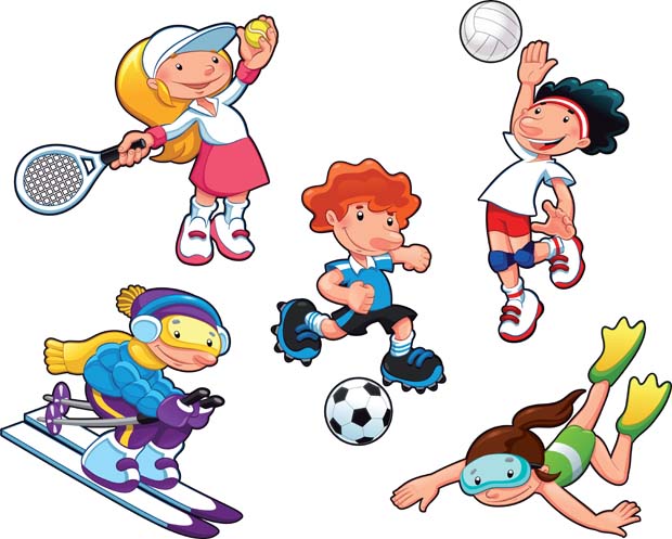 5 tegnede personer der dyrker forskellige former for idræt