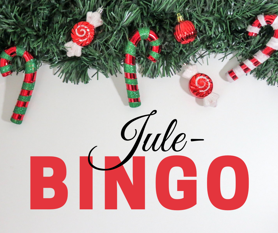 Hvid baggrund med rød tekst: Jule-bingo. I toppen ses gran pyntet med stokke og slik.