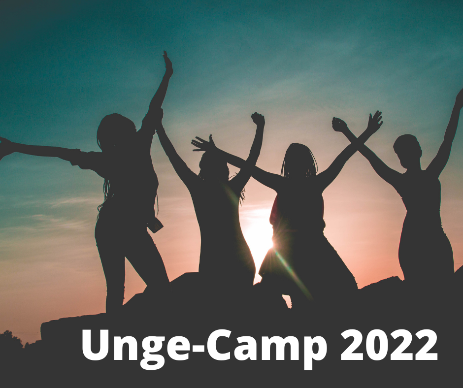 Billede af silhuetter af 4 unge i solnedgangen der hopper i vejret. Tekst: Unge-Camp 2022.